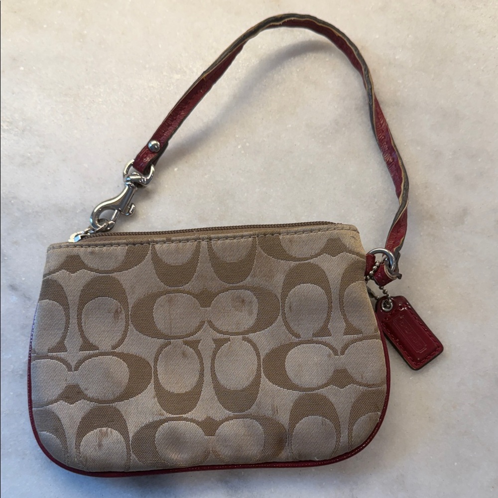 Coach Beige Canvas Wristlet with Red Trim and Patch - Picture 2 of 8